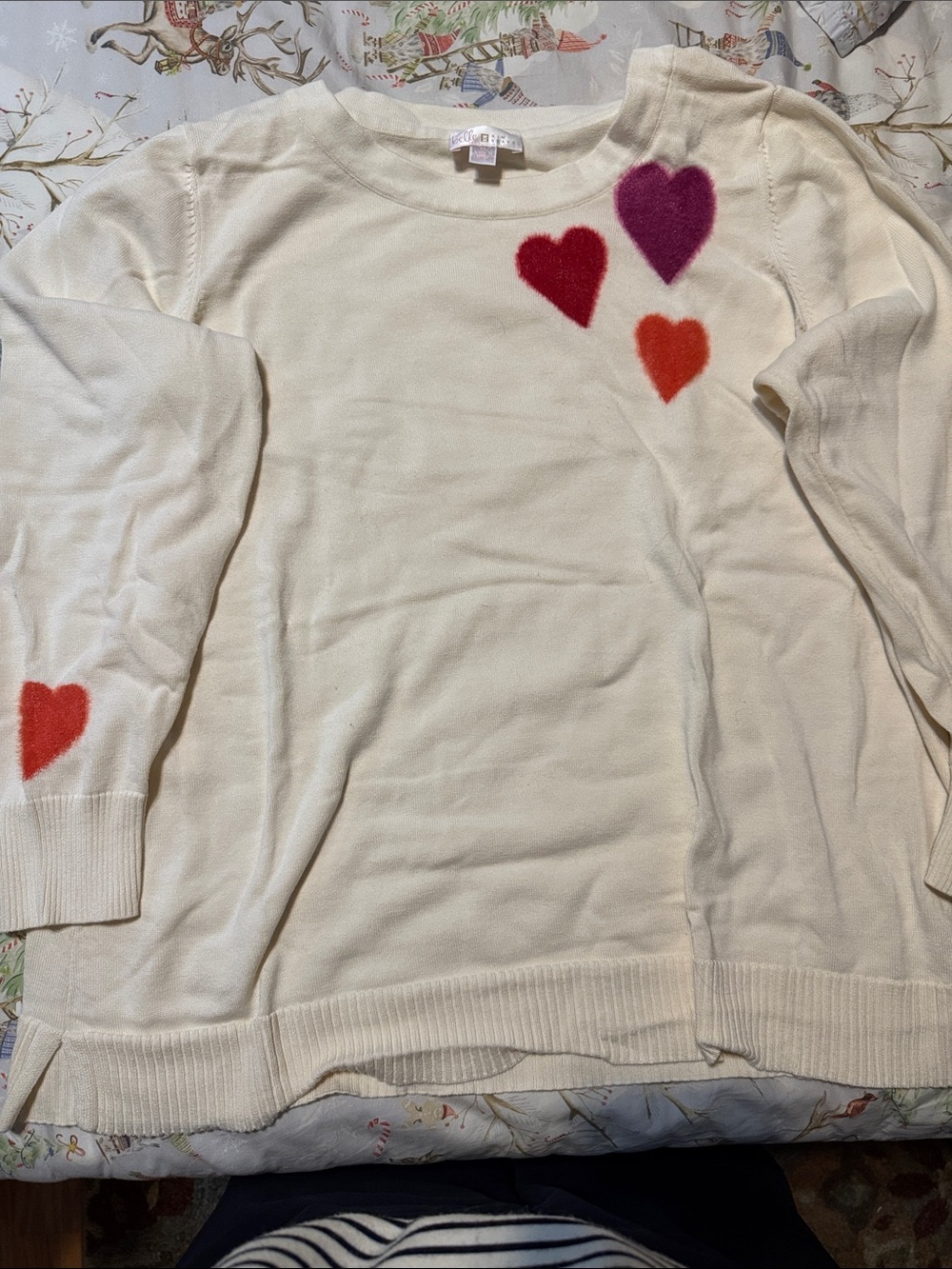 Cream Heart Crewneck Sweater with Multicolor Hearts. Belle by Kim Gravel